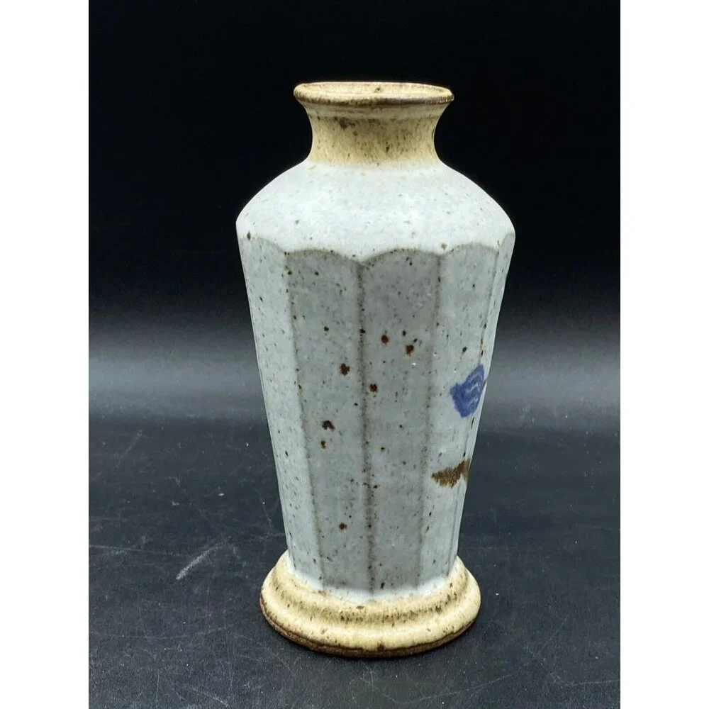 Stoneware Vase Flowers Sand and Browns Color Signed Crown 6.5”